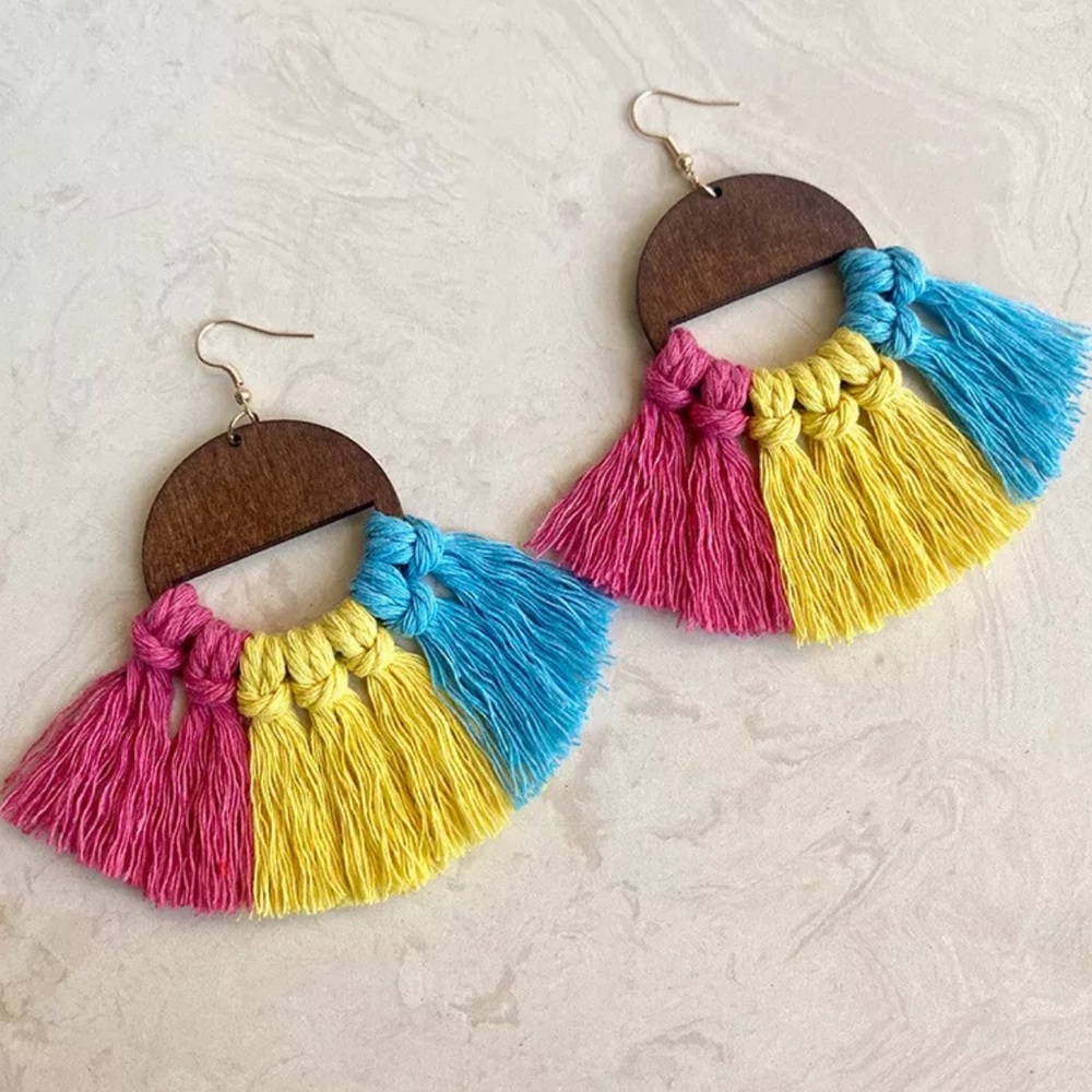“Jubilee” Colorful  Fringe Pink & Yellow Boho Wooden Earrings